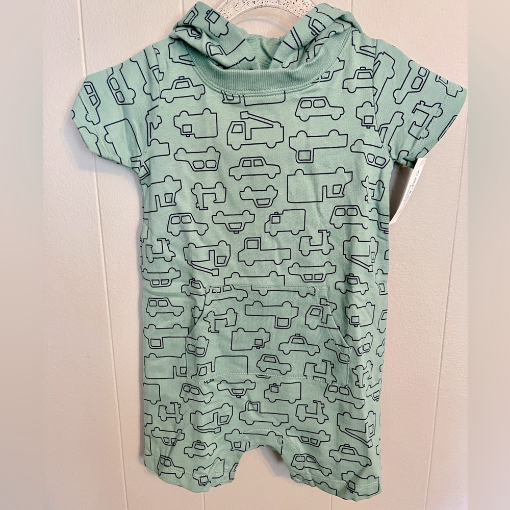 Romper shorts with hood. Cars and truck print.